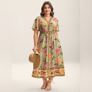 Floral Green and Yellow Maxi Dress with Pockets NWT